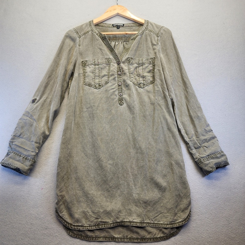 Express Olive Green Utility Tunic Shirt Dress XS Roll Tab Sleeve Washed Mini